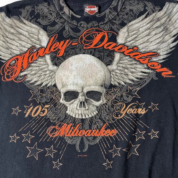 VTG Harley Davidson 105th Anniversary Skull-Wing T-Shirt 2008 Y2K Tee sz XL - Picture 4 of 10